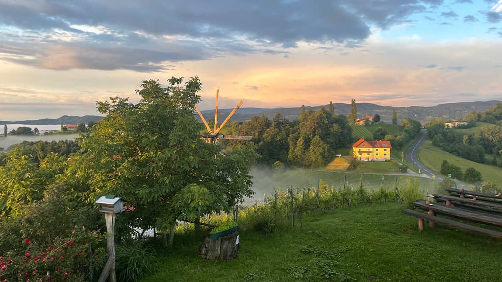 Das Bild zeigt die Aussicht von der Sonnenterrasse am Stammhaus beim Samenkönig.